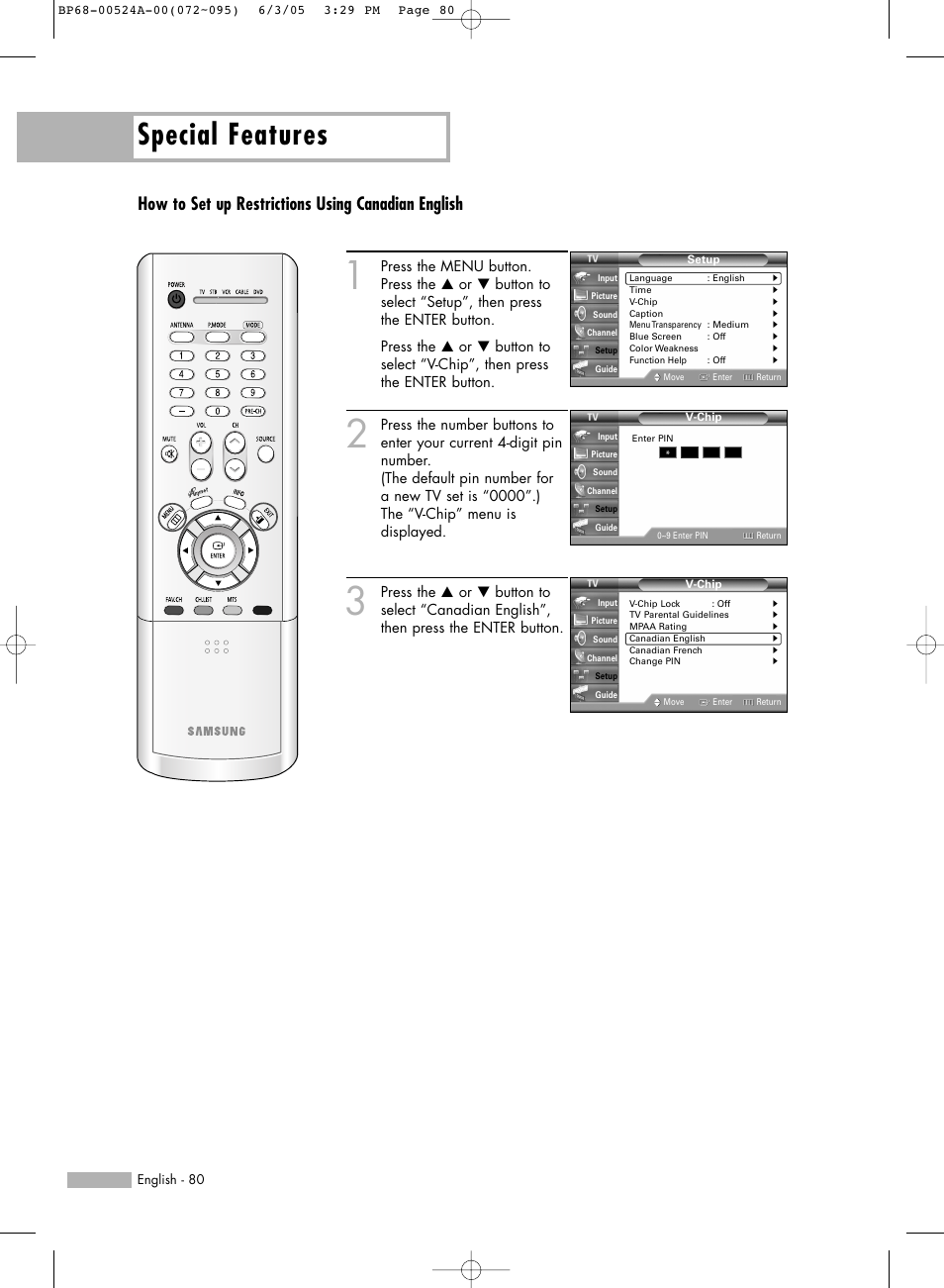 Special features, How to set up restrictions using canadian english | Samsung HL-R6156W User Manual | Page 80 / 96