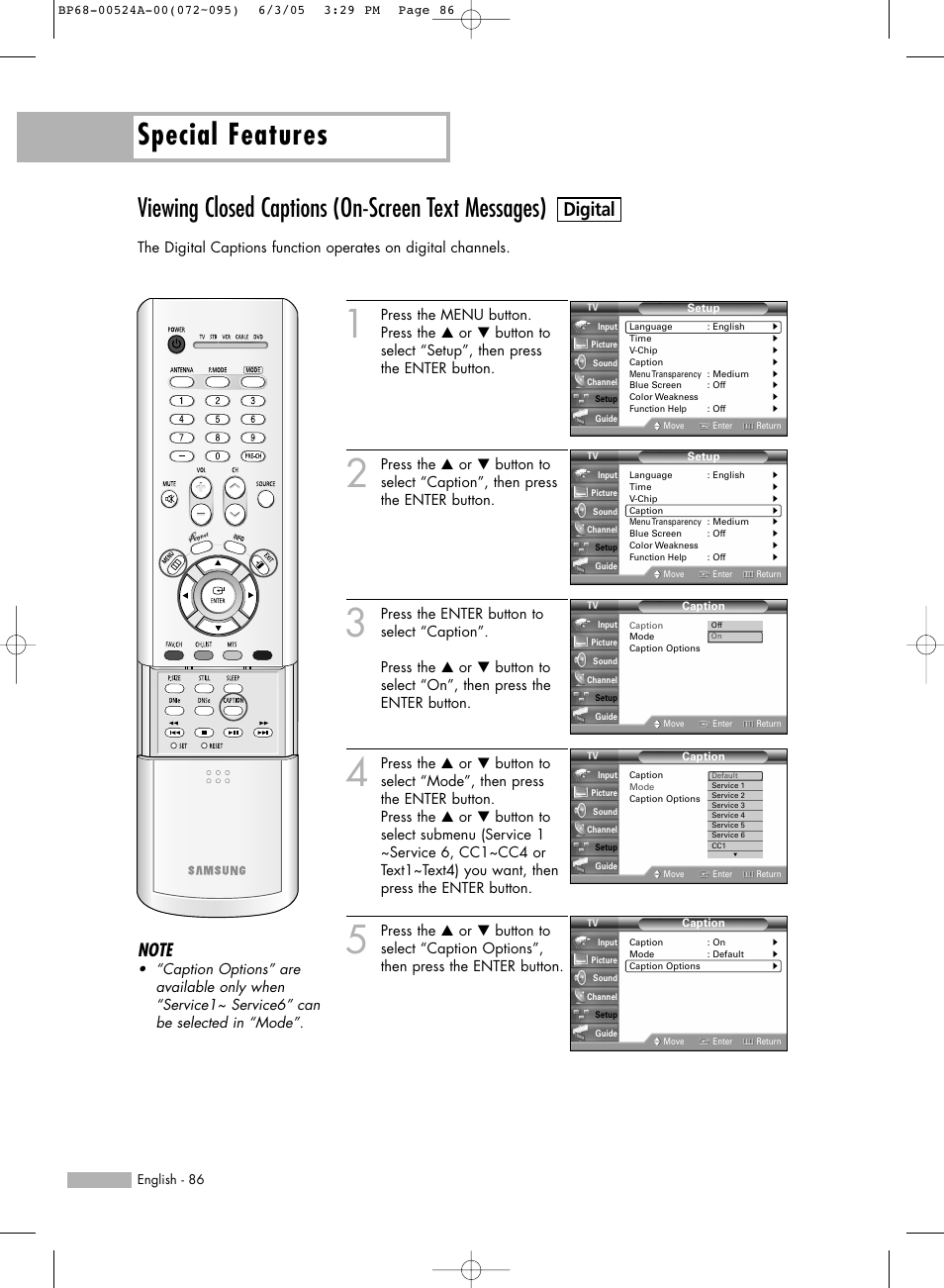 Viewing closed captions (on-screen text messages), Special features, Digital | Samsung HL-R6156W User Manual | Page 86 / 96
