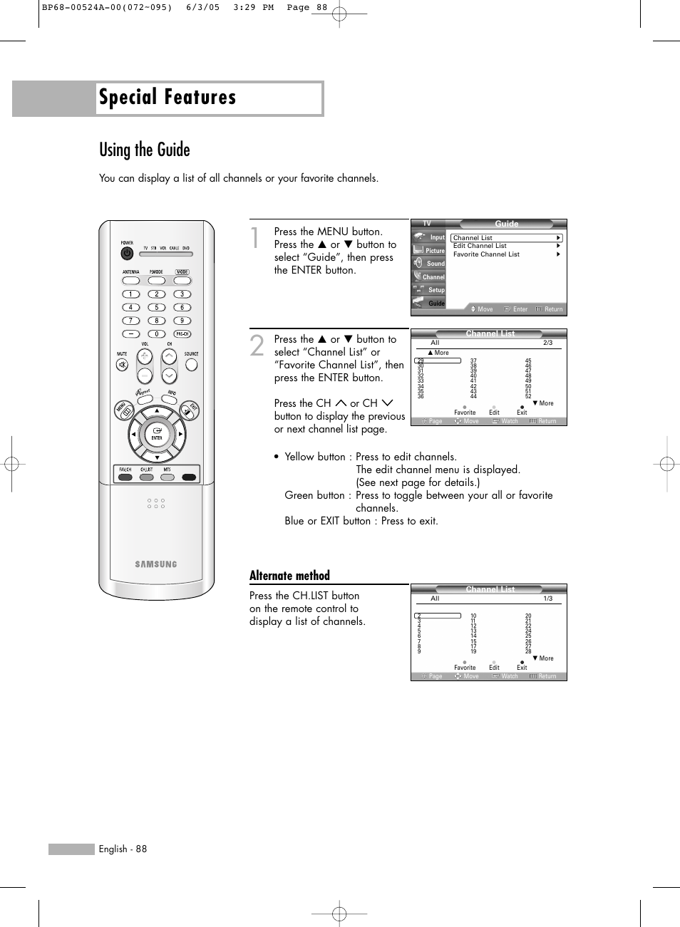 Using the guide, Special features, Alternate method | Samsung HL-R6156W User Manual | Page 88 / 96