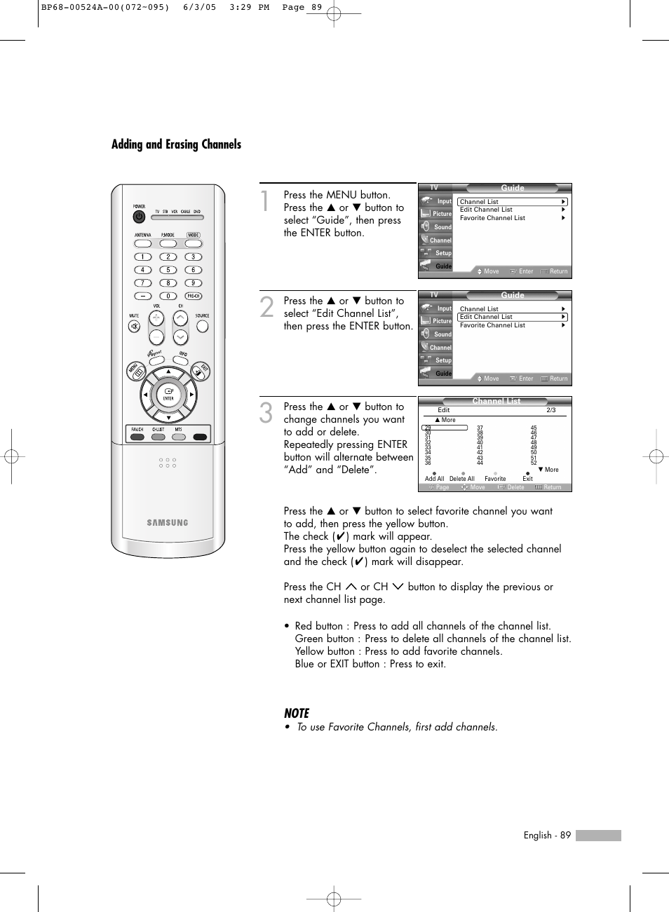 Adding and erasing channels | Samsung HL-R6156W User Manual | Page 89 / 96