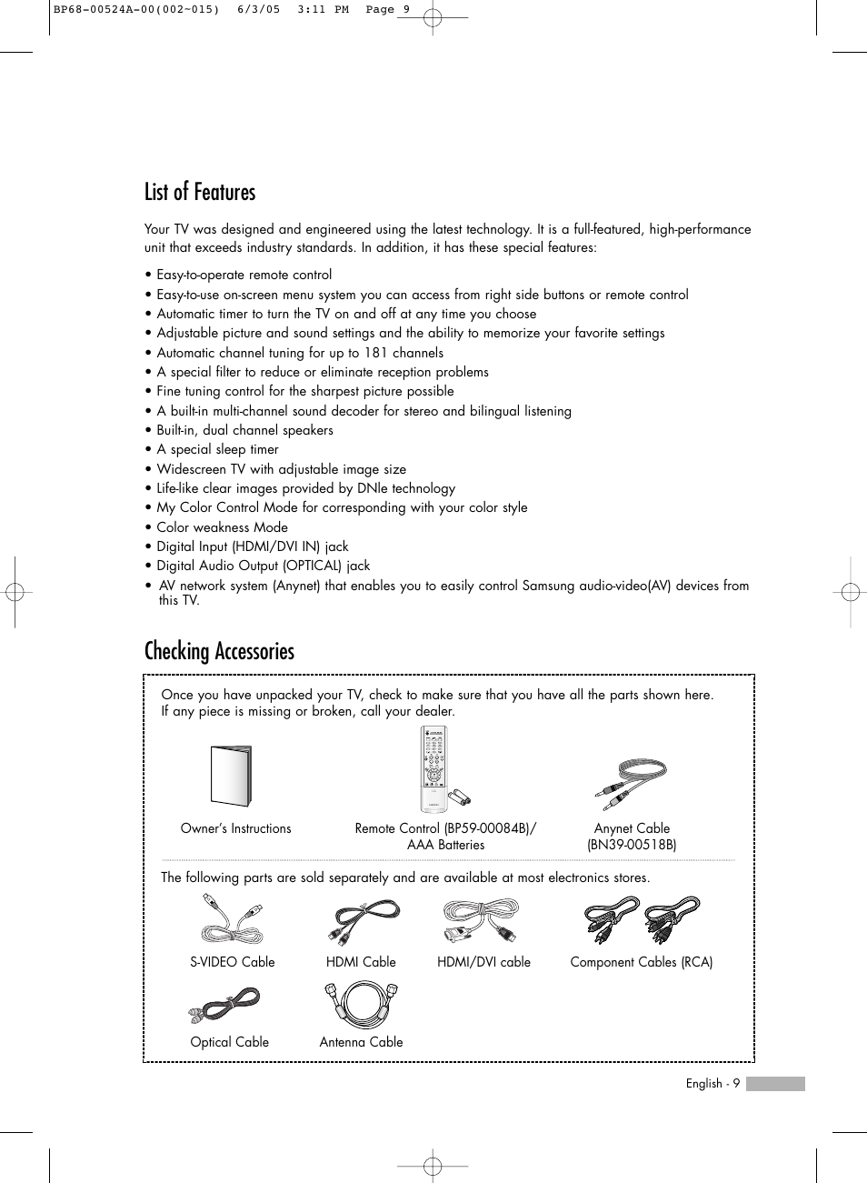 List of features, Checking accessories | Samsung HL-R6156W User Manual | Page 9 / 96