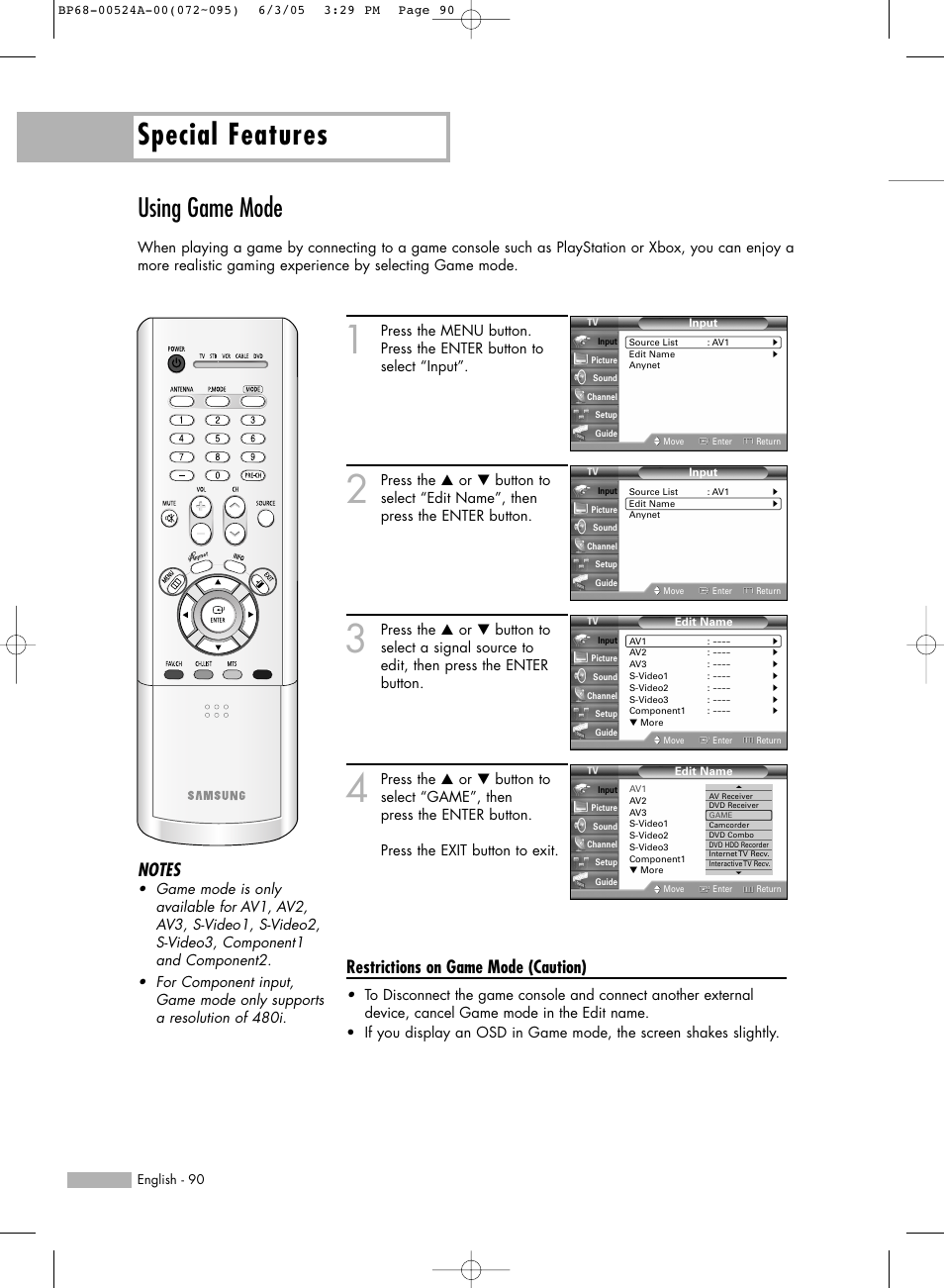 Using game mode, Special features, Restrictions on game mode (caution) | Samsung HL-R6156W User Manual | Page 90 / 96