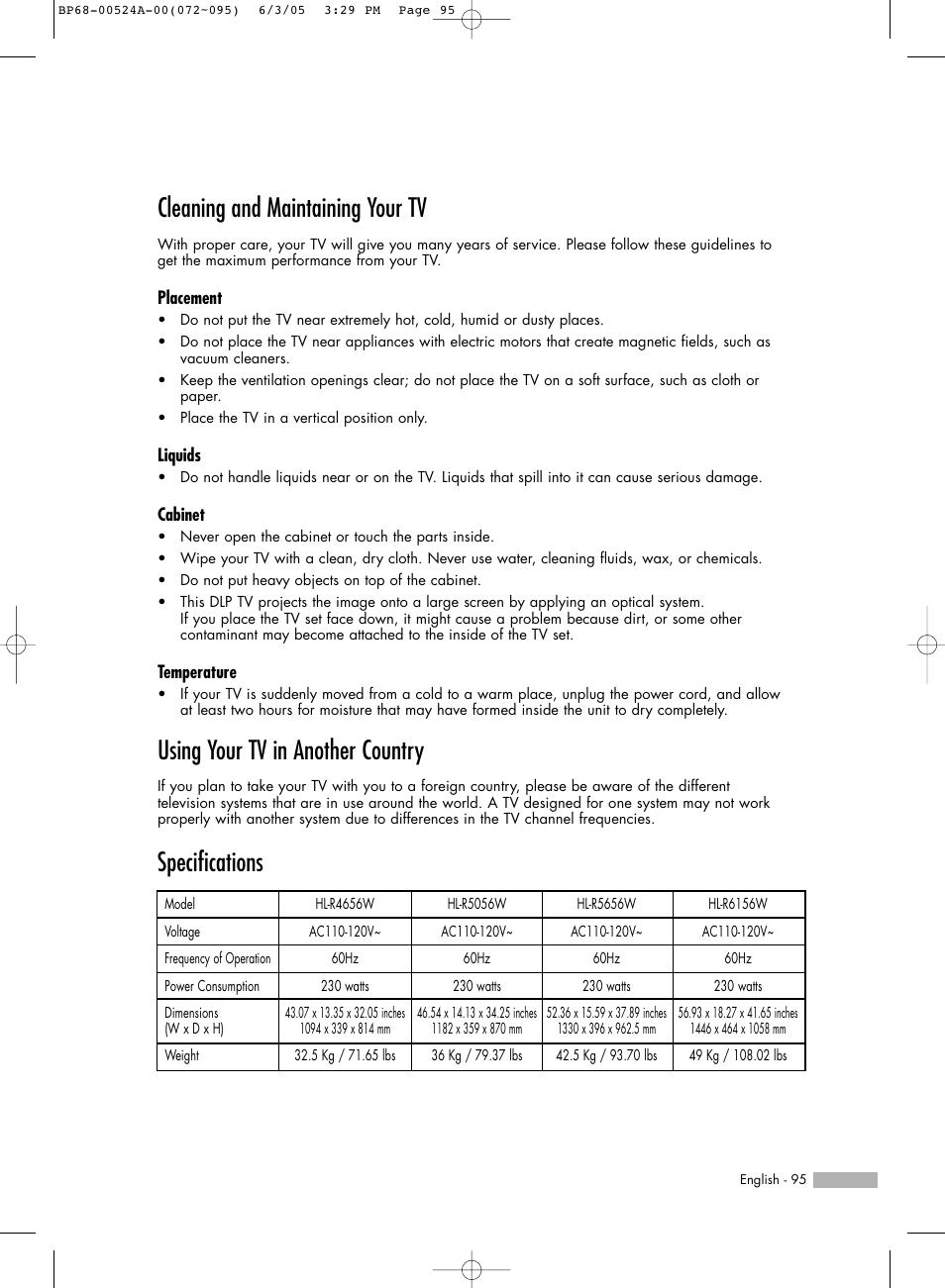 Cleaning and maintaining your tv, Using your tv in another country, Specifications | Samsung HL-R6156W User Manual | Page 95 / 96