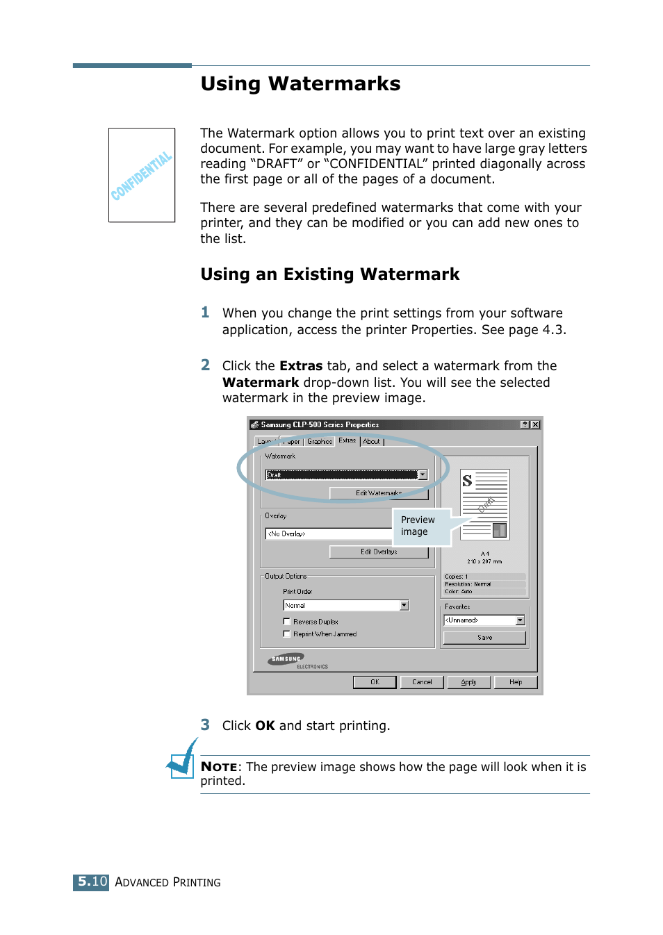 Using watermarks, Using an existing watermark | Samsung CLP 500N User Manual | Page 112 / 245