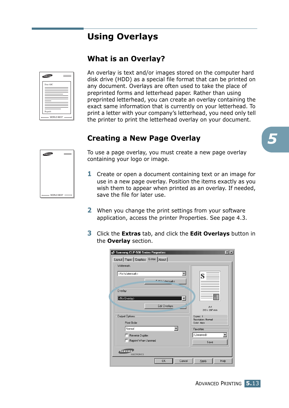 Using overlays, What is an overlay, Creating a new page overlay | Samsung CLP 500N User Manual | Page 115 / 245