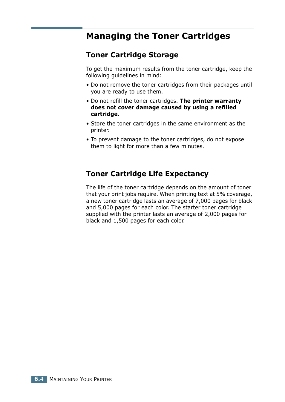 Managing the toner cartridges, Toner cartridge storage, Toner cartridge life expectancy | Samsung CLP 500N User Manual | Page 122 / 245