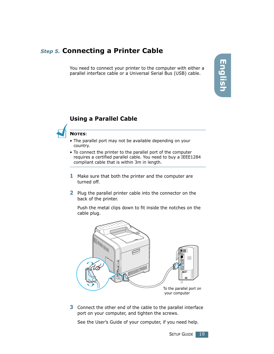 Step 5. connecting a printer cable, Using a parallel cable, Step 5 | Connecting a printer cable, English | Samsung CLP 500N User Manual | Page 19 / 245