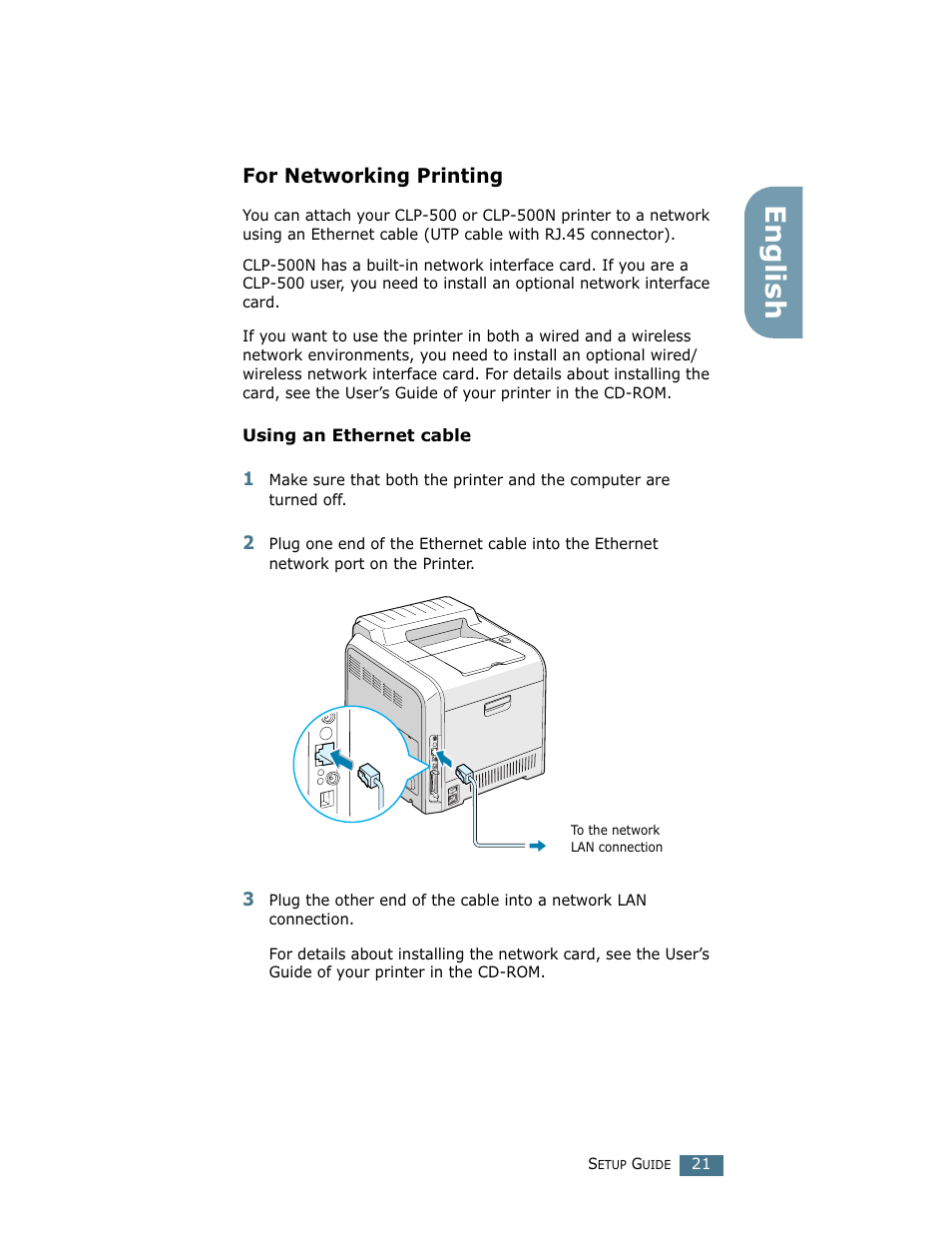For networking printing, English | Samsung CLP 500N User Manual | Page 21 / 245
