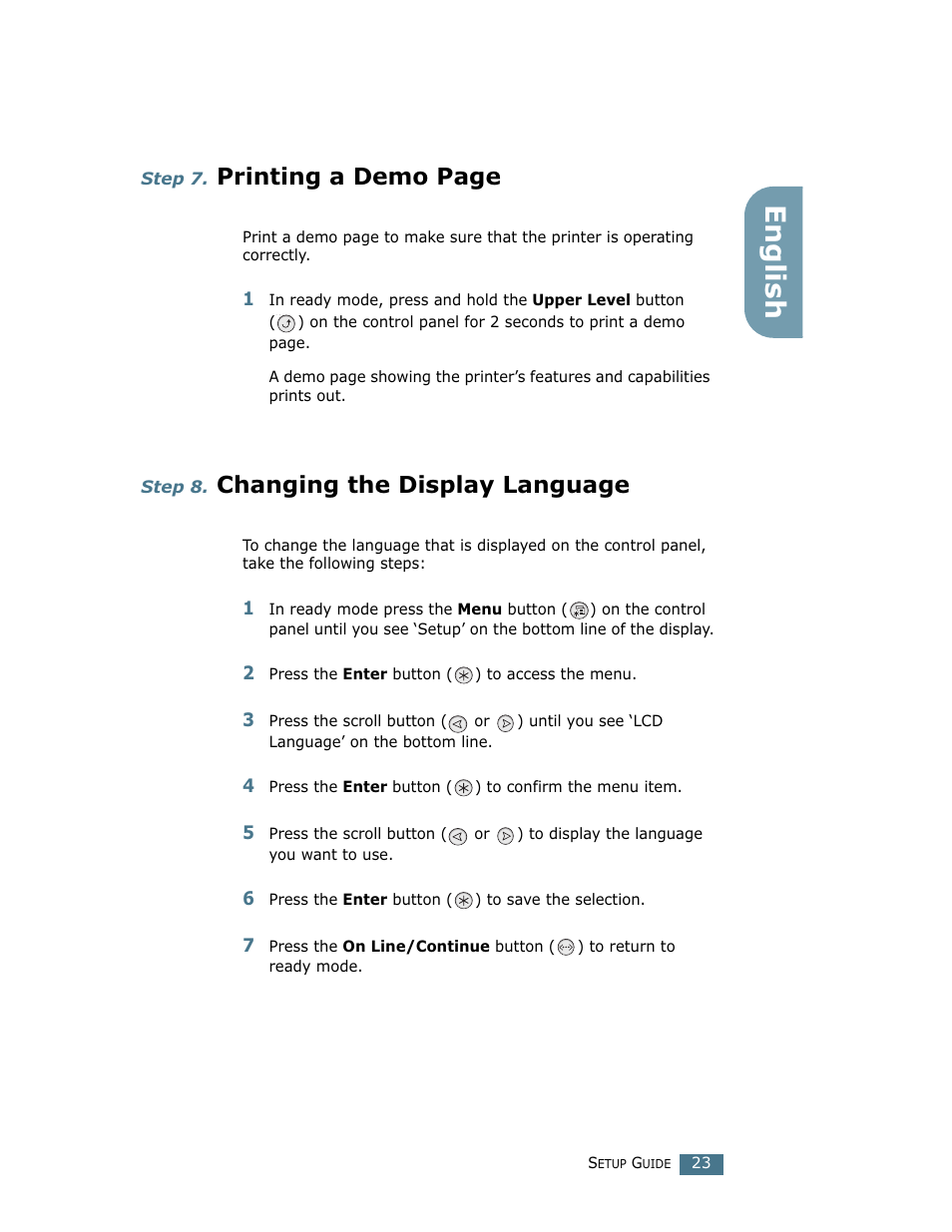 Step 8. changing the display language, Step 7, Step 8 | Changing the display language, English, Printing a demo page | Samsung CLP 500N User Manual | Page 23 / 245