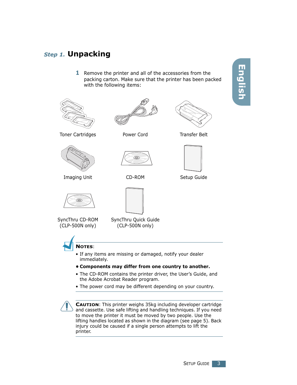 Step 1. unpacking, Step 1, Unpacking | English | Samsung CLP 500N User Manual | Page 3 / 245
