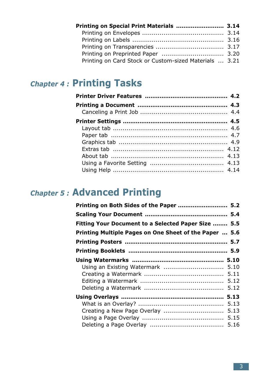 Printing tasks, Advanced printing, Chapter 4 | Chapter 5 | Samsung CLP 500N User Manual | Page 33 / 245