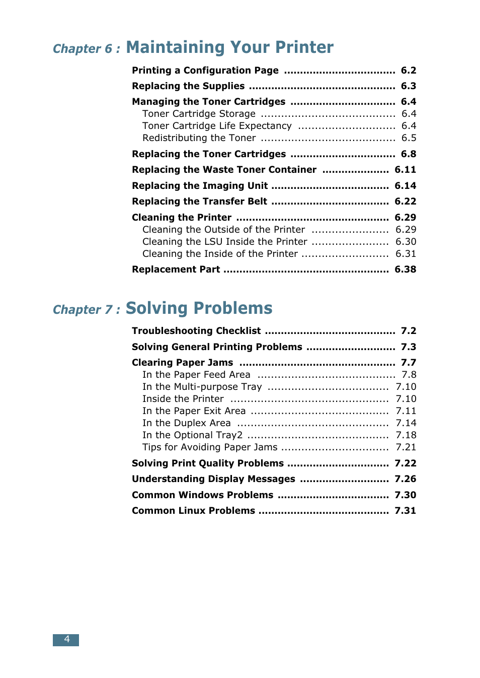 Maintaining your printer, Solving problems, Chapter 6 | Chapter 7 | Samsung CLP 500N User Manual | Page 34 / 245