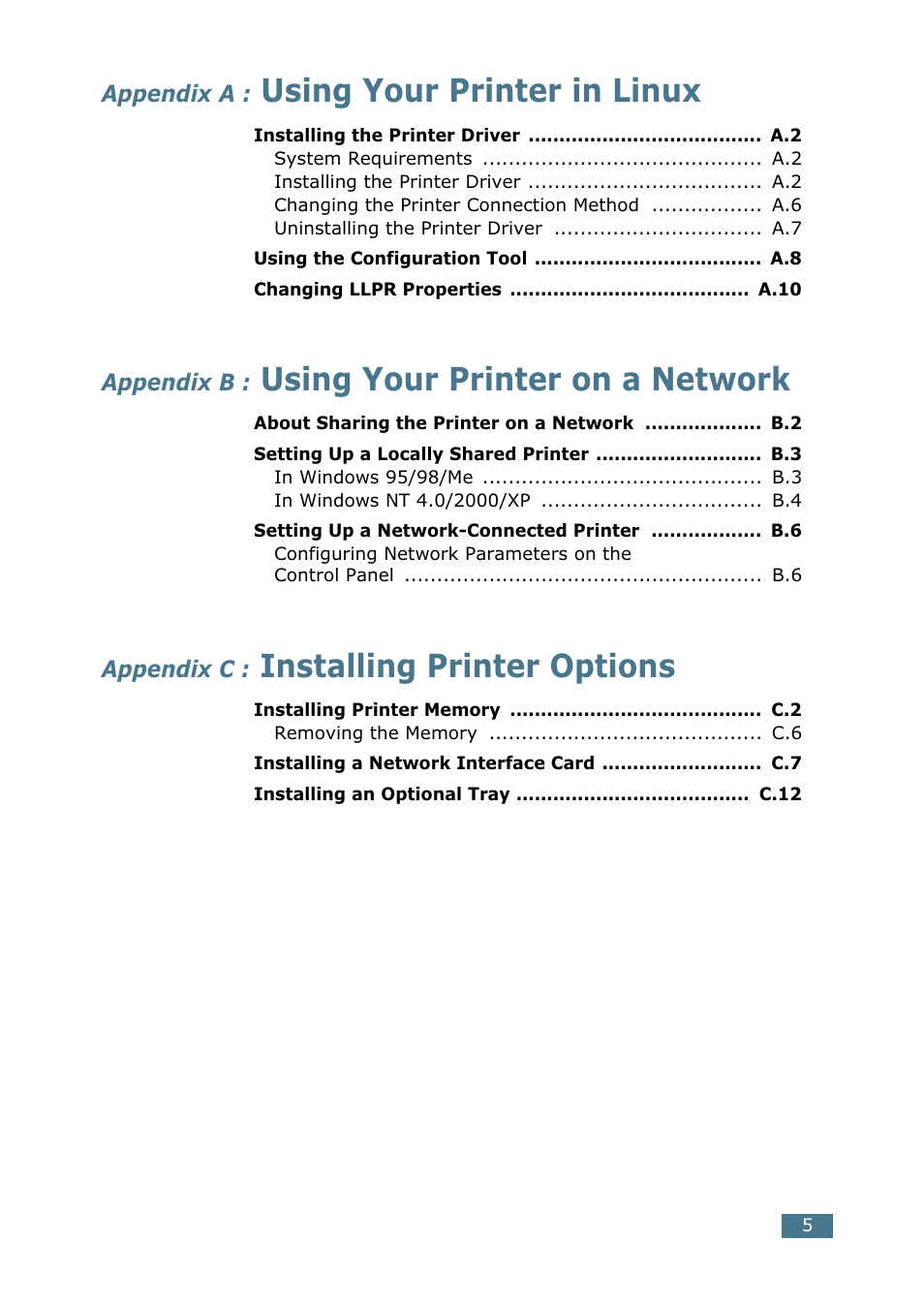 Using your printer in linux, Using your printer on a network, Installing printer options | Samsung CLP 500N User Manual | Page 35 / 245