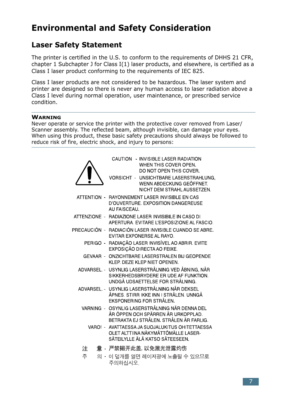 Environmental and safety consideration, Laser safety statement | Samsung CLP 500N User Manual | Page 37 / 245