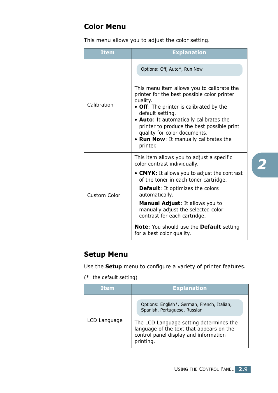 Color menu, Setup menu, Color menu setup menu | Samsung CLP 500N User Manual | Page 59 / 245