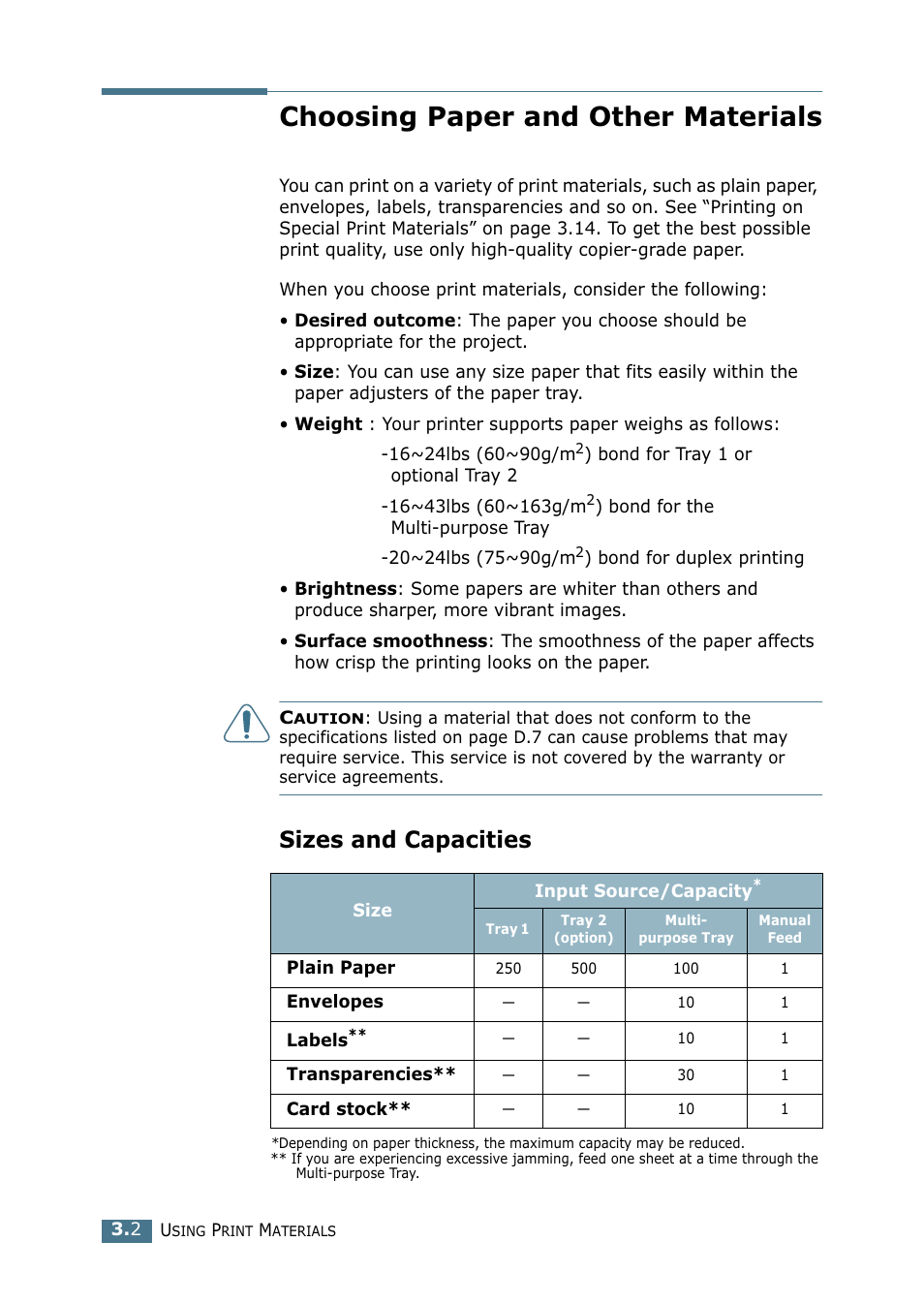 Choosing paper and other materials, Sizes and capacities | Samsung CLP 500N User Manual | Page 66 / 245
