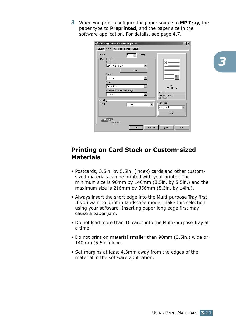 Printing on card stock or custom-sized materials | Samsung CLP 500N User Manual | Page 85 / 245