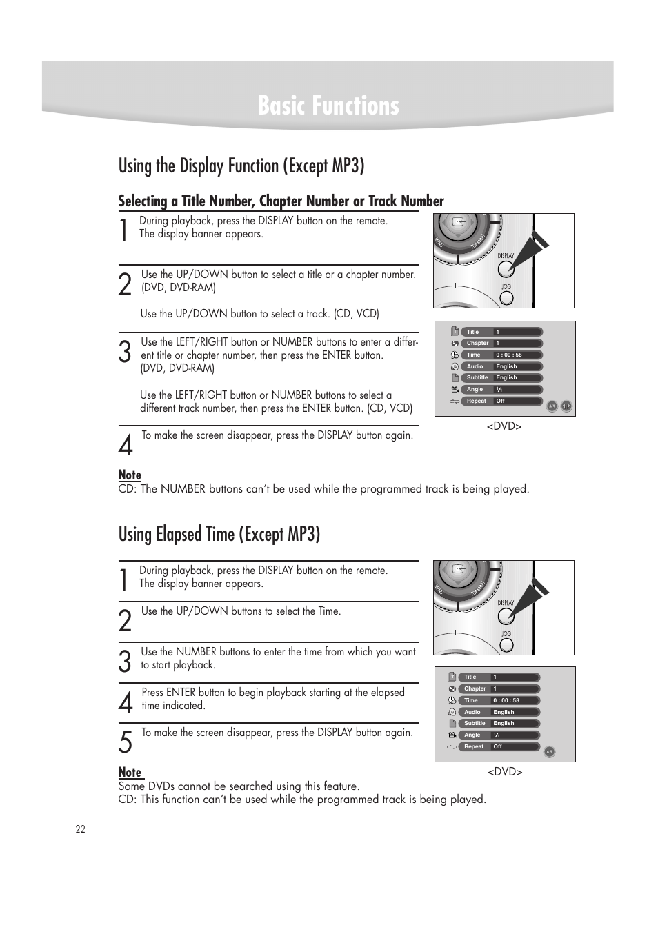 Basic functions, Using the display function (except mp3), Using elapsed time (except mp3) | Samsung DVD-R2000 User Manual | Page 22 / 65