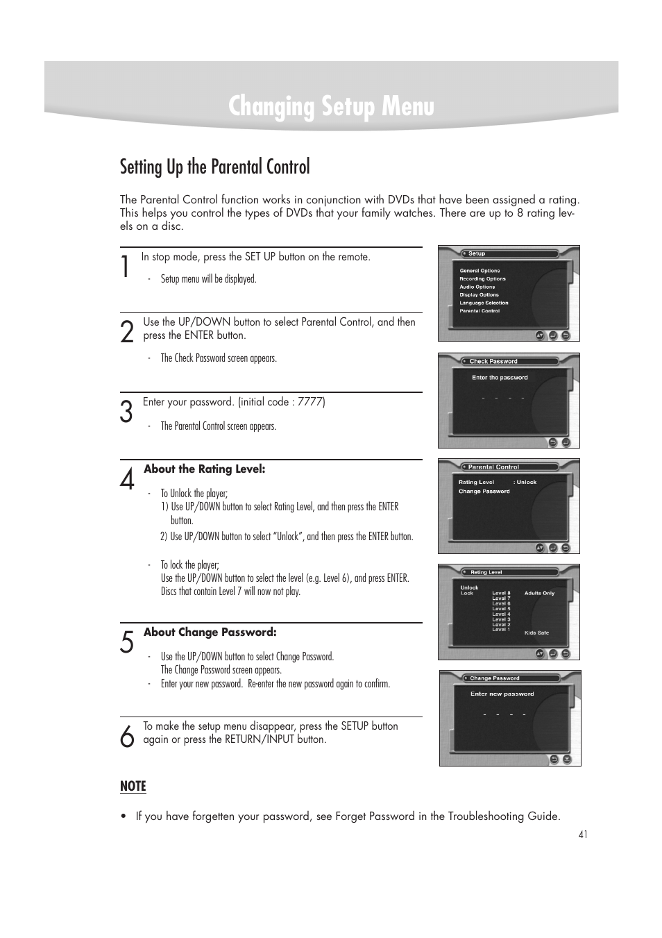 Changing setup menu, Setting up the parental control | Samsung DVD-R2000 User Manual | Page 41 / 65