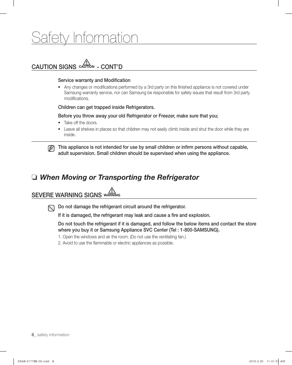 Safety information, When moving or transporting the refrigerator | Samsung RB217AB User Manual | Page 8 / 32