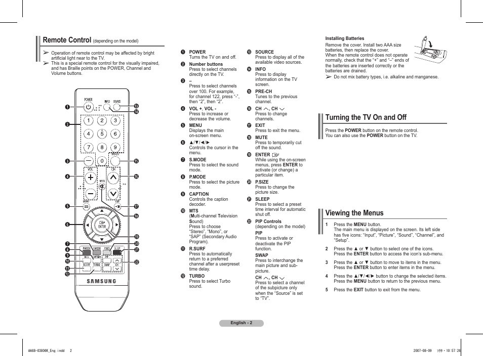 Remote control (depending on the model), Turning the tv on and off, Viewing the menus | Remote control | Samsung CL-29Z30 User Manual | Page 2 / 8