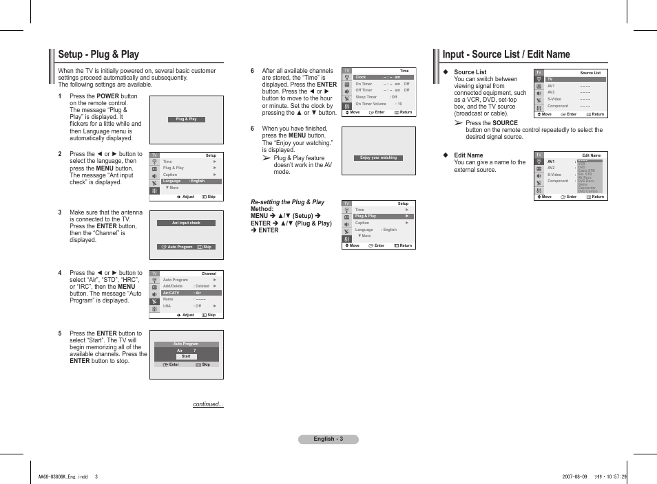 Setup - plug & play, Input - source list / edit name | Samsung CL-29Z30 User Manual | Page 3 / 8