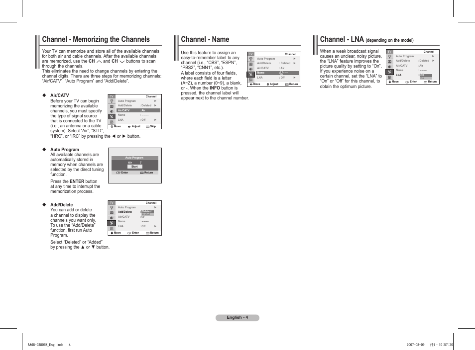 Channel - memorizing the channels, Channel - name, Channel - lna (depending on the model) | Channel - lna | Samsung CL-29Z30 User Manual | Page 4 / 8