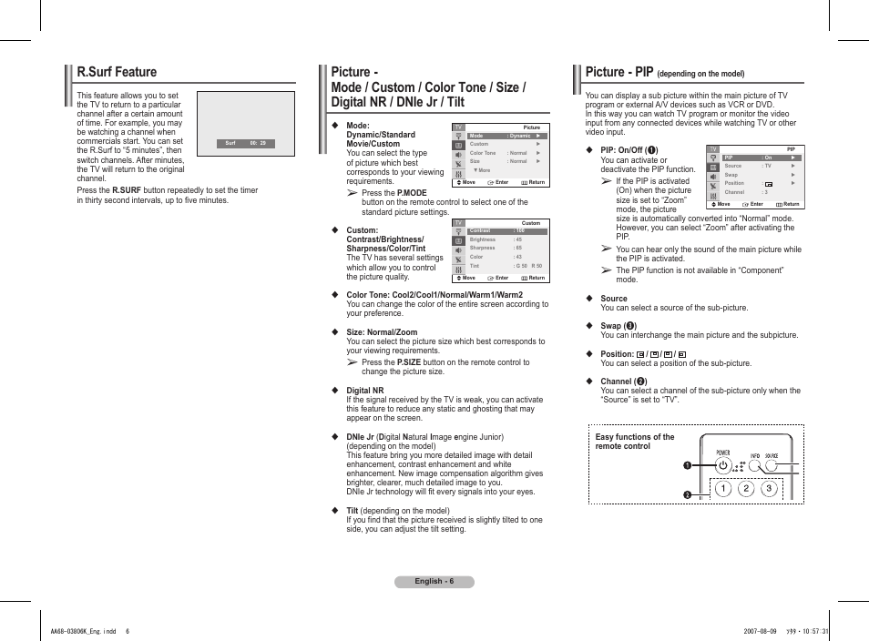 R.surf feature, Picture, Picture - pip (depending on the model) | Picture - pip | Samsung CL-29Z30 User Manual | Page 6 / 8