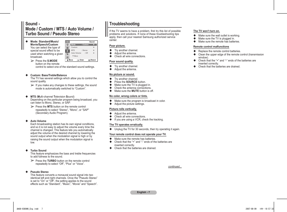 Sound, Troubleshooting | Samsung CL-29Z30 User Manual | Page 7 / 8