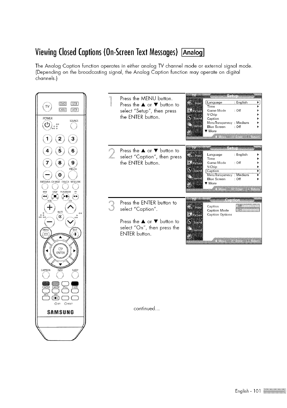 Viewing closed captions (on-screen text messages), Lanalogi, Viewing closed captions {on-screen text messages) | Button to | Samsung HL-$4676S User Manual | Page 101 / 135