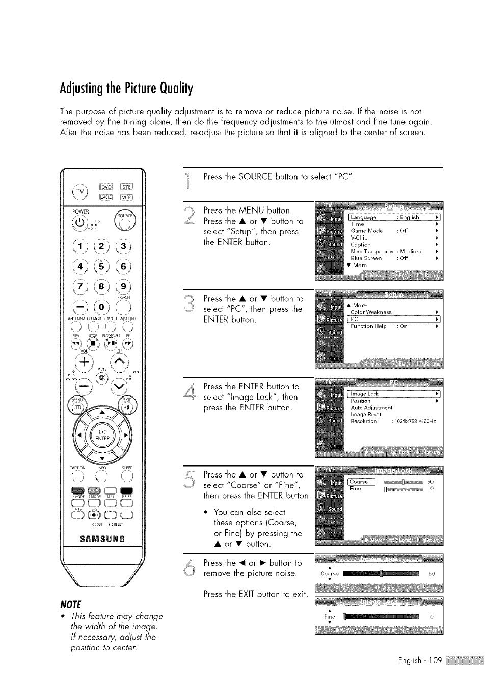 Adjusting the picture quality, Press the menu button. press the, Press the | Button to, Select "pc", then press the enter button, Fh .-i, Am press the | Samsung HL-$4676S User Manual | Page 109 / 135