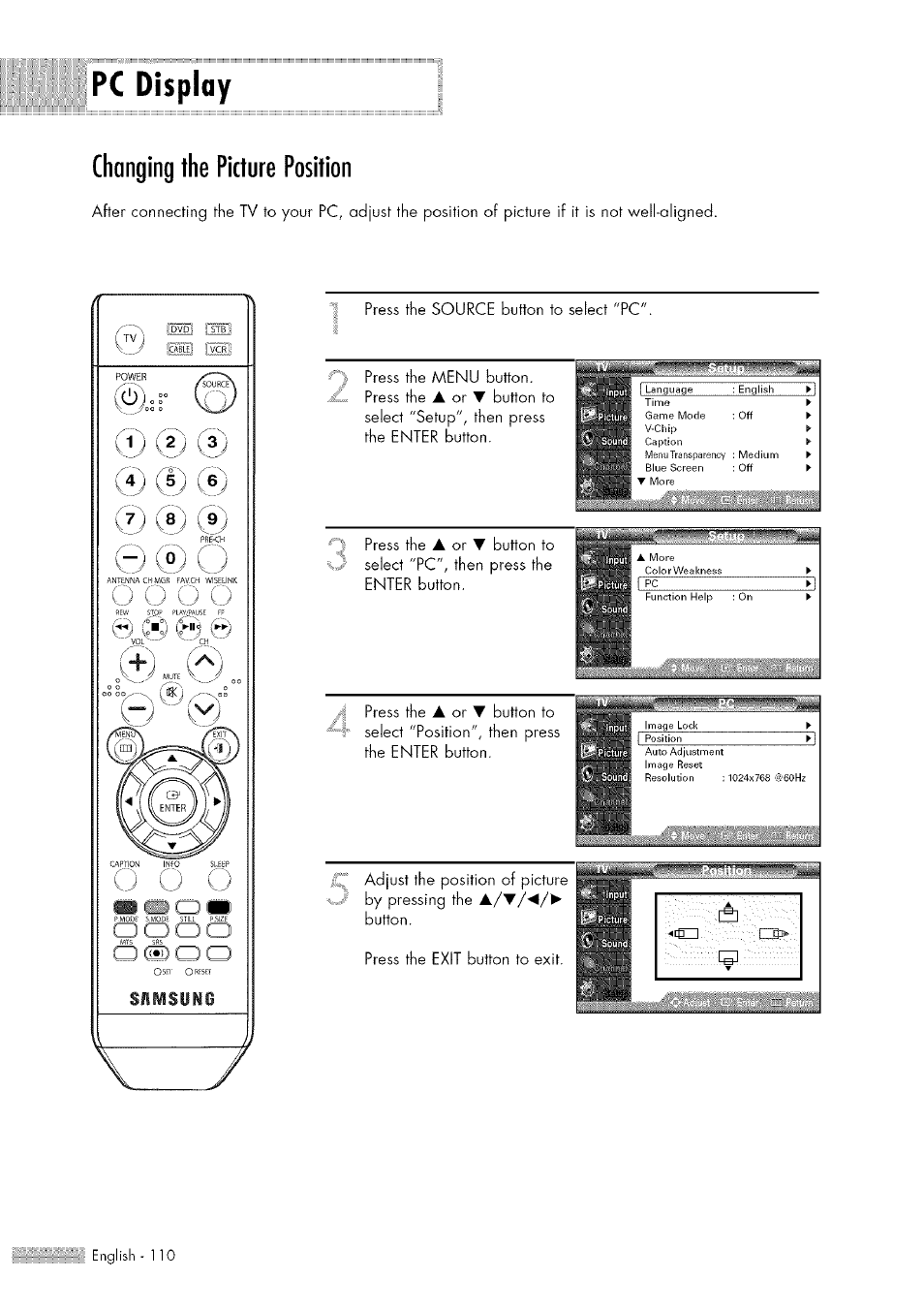 Pc display, Changing the picture position, Changing the picture position 10 | Button to 1 • ir, Select