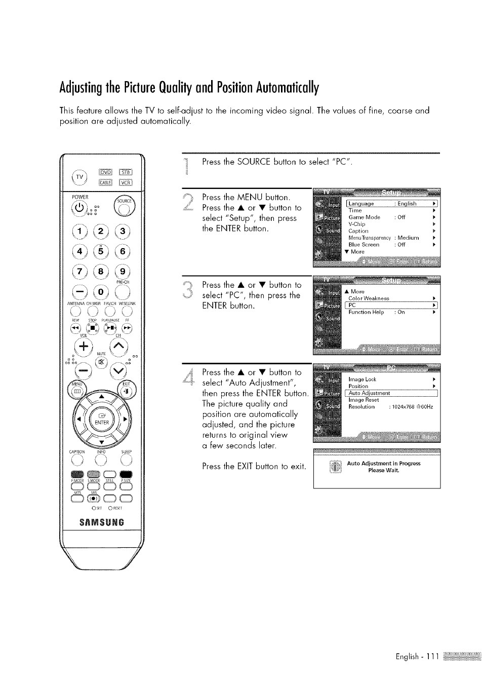 Press the, Button to select "pc", then press the enter button | Samsung HL-$4676S User Manual | Page 111 / 135