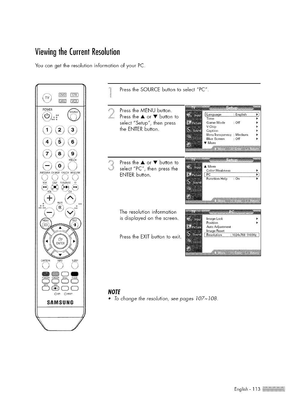 Viewing the current resolution, Viewing the current resolution.113 | Samsung HL-$4676S User Manual | Page 113 / 135
