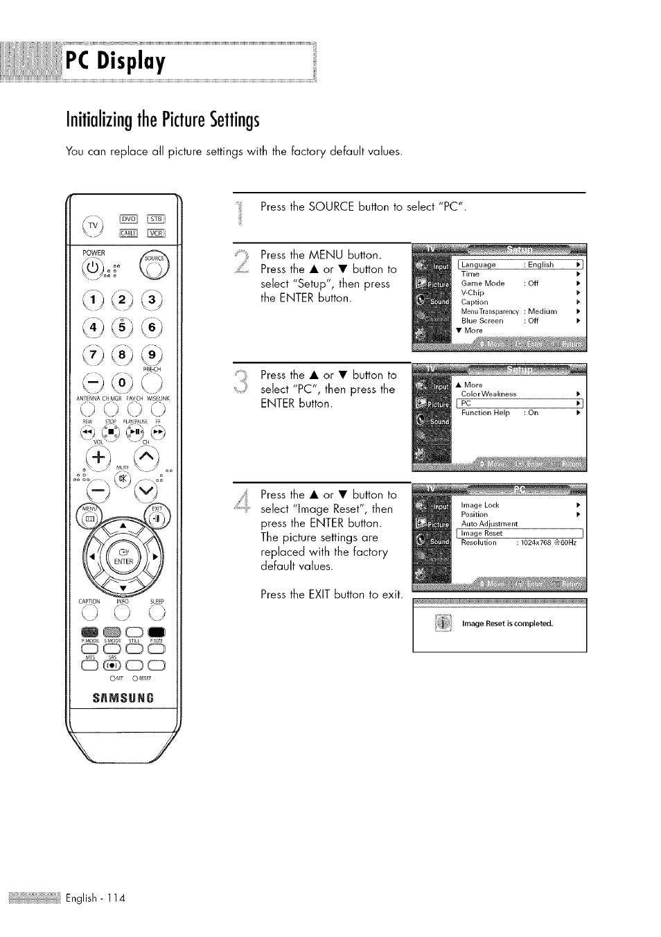 Pc display, Initializing the picture settings, Initializing the picture settings 14 | Press the source button to select 