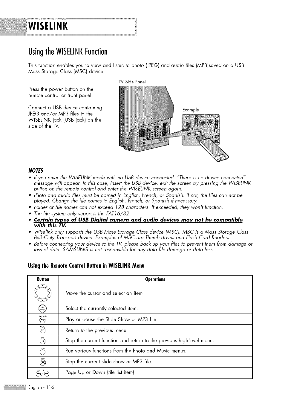 Using the wiselink function, Using the wiselink function.116, Wiselink | Samsung HL-$4676S User Manual | Page 116 / 135
