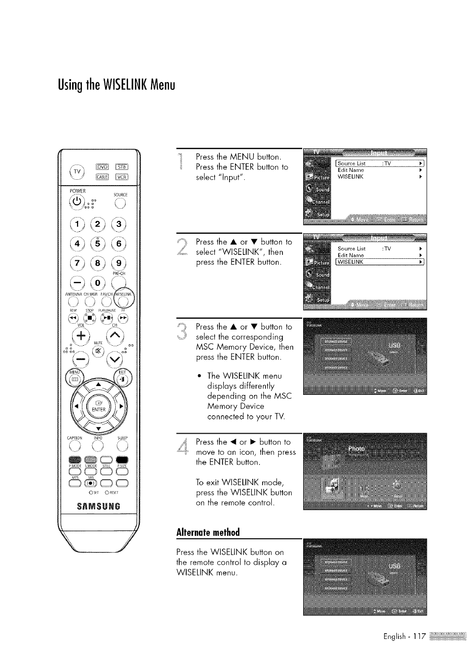 Using the wiselink menu | Samsung HL-$4676S User Manual | Page 117 / 135