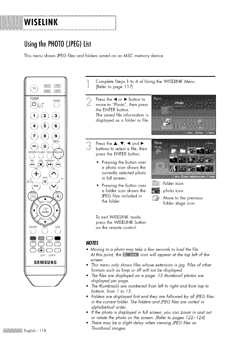 Wiselink, Using the photo (jpeg) list, Fj/e | Samsung HL-$4676S User Manual | Page 118 / 135