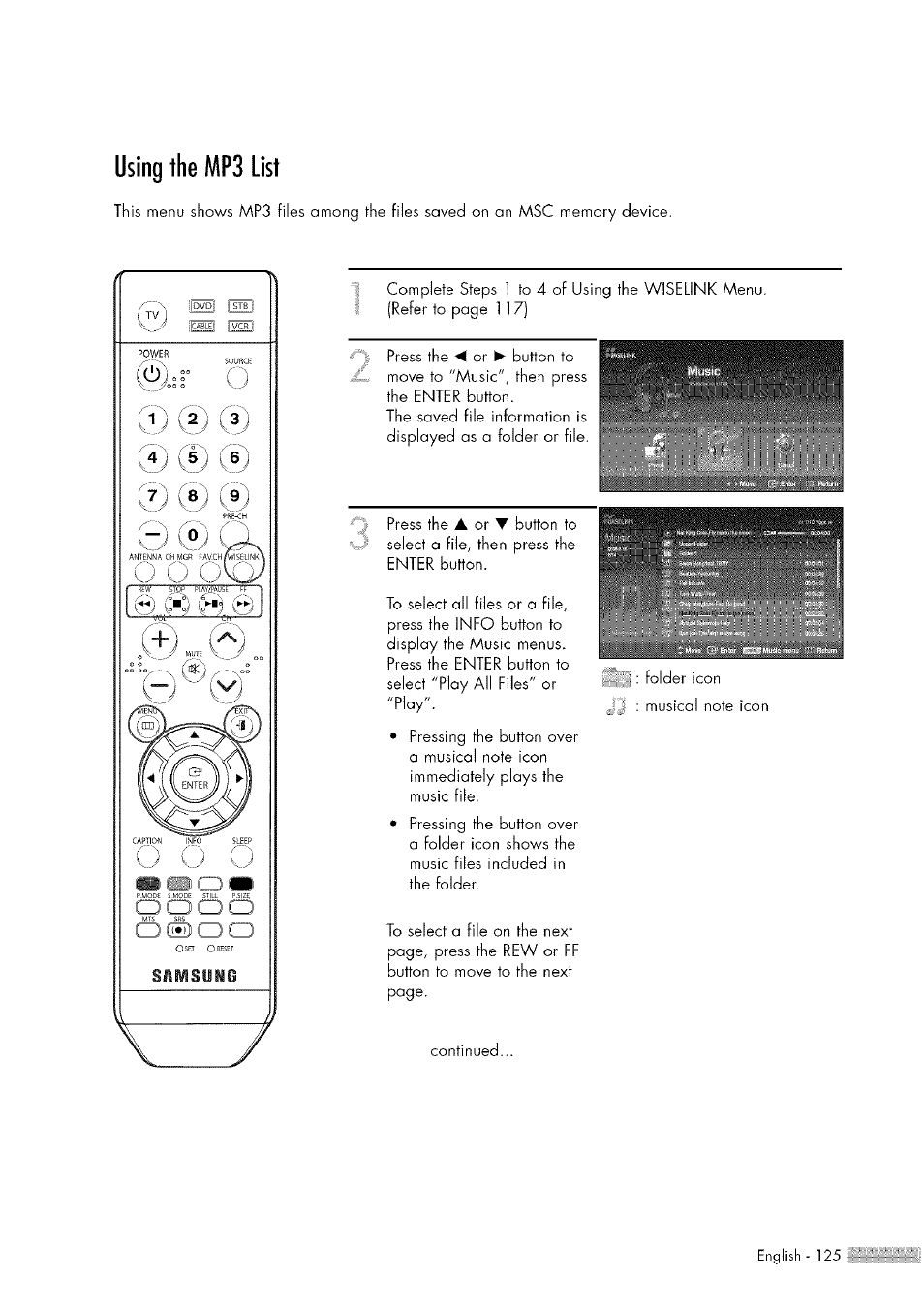 Using the mp3 list | Samsung HL-$4676S User Manual | Page 125 / 135