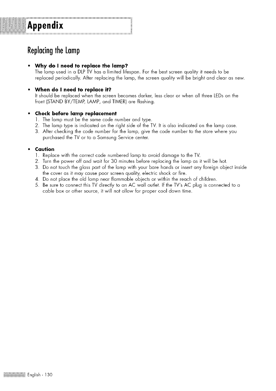 Appendix, Replacing the lamp, Appendix 30 | Appendix replacing the lamp | Samsung HL-$4676S User Manual | Page 130 / 135