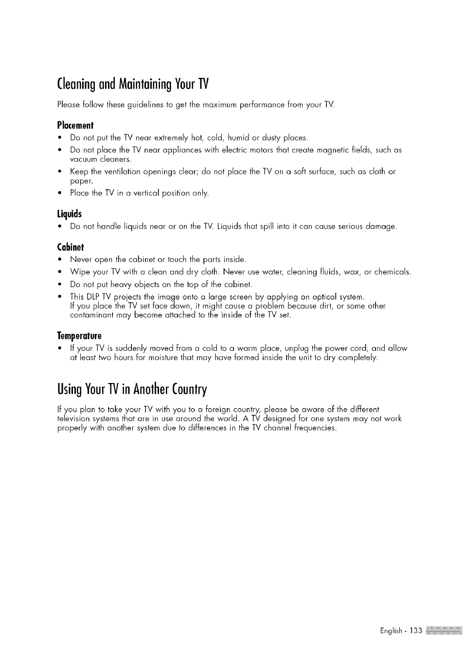 Cleaning and maintaining your tv, Using your tv in another country, Cleaning and maintaining your tv.133 | Using your tv in another country.133 | Samsung HL-$4676S User Manual | Page 133 / 135