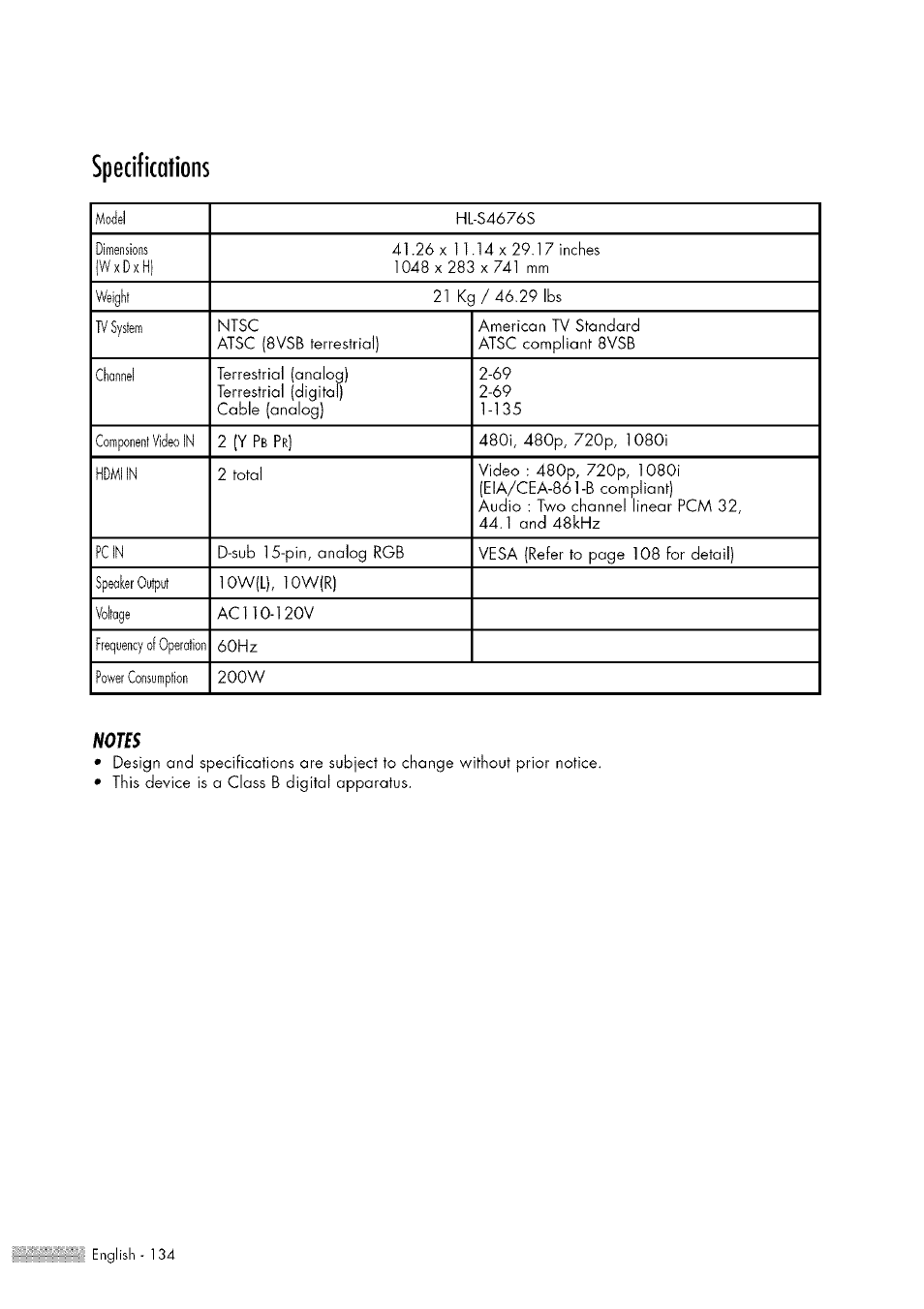Specifications, Specifications 34 | Samsung HL-$4676S User Manual | Page 134 / 135
