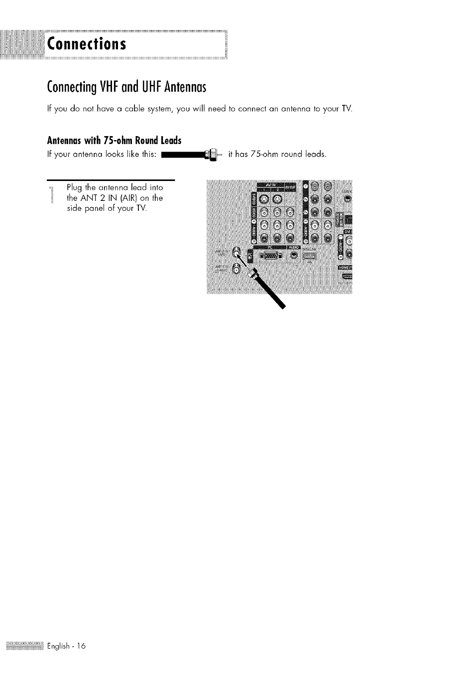 Connecting vhf and uhf antennas, Connecting vhf and uhf antennas.16, Connections | Samsung HL-$4676S User Manual | Page 16 / 135
