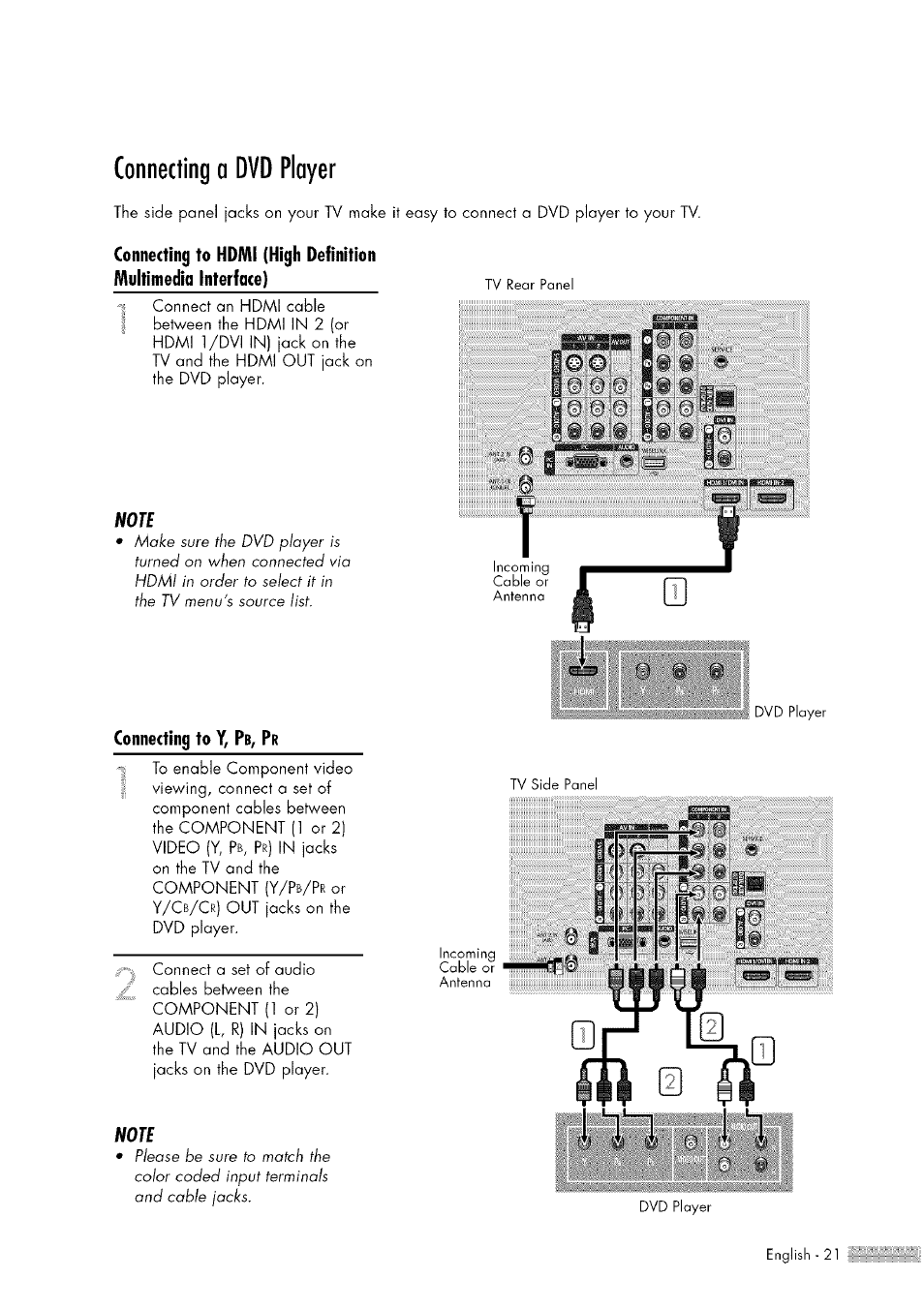 Connecting a dvd player, I connect an hdmi coble, Or y/c | Samsung HL-$4676S User Manual | Page 21 / 135