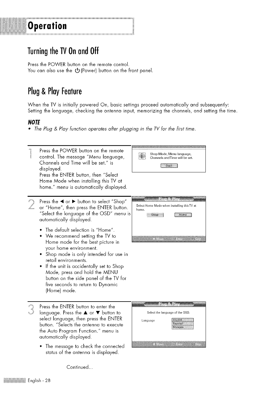 Turning the tv on and off, Plug & play feature, Operation | Samsung HL-$4676S User Manual | Page 28 / 135