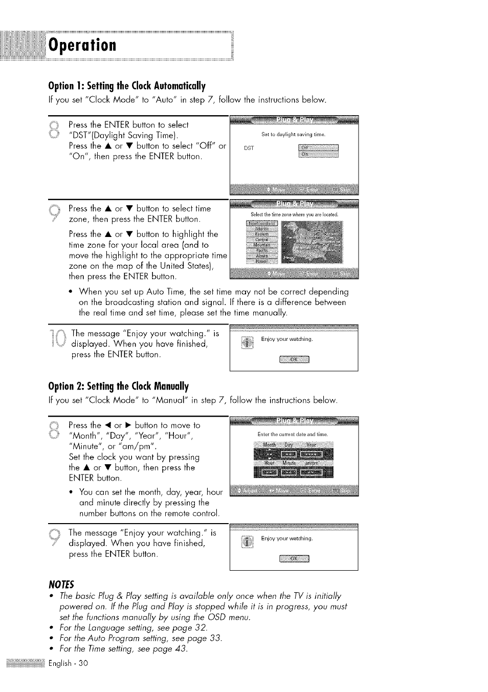 Operation, Press the enter button to select, Dst"(daylight saving time). press the | Press the | Samsung HL-$4676S User Manual | Page 30 / 135