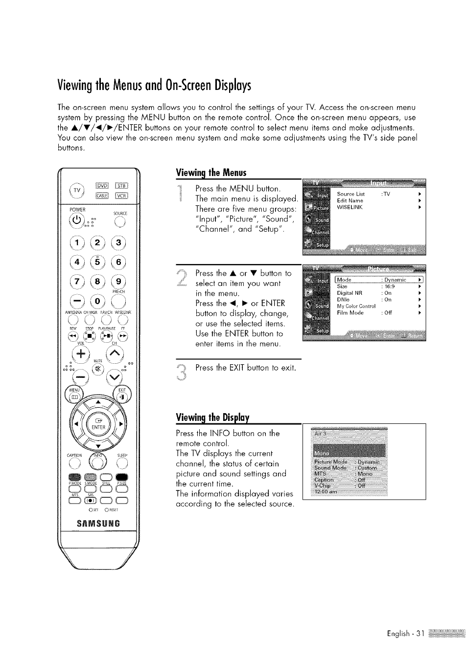 Viewing the menus and on-screen displays, Viewing the menus and on-screen displays.31, There are five menu groups | Press the, Ousti.itti ; t mubo | Samsung HL-$4676S User Manual | Page 31 / 135