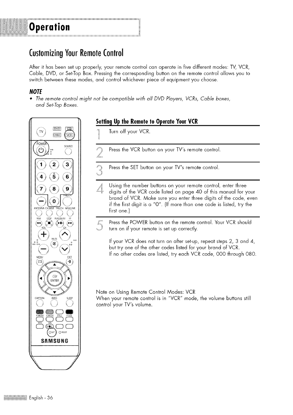 Customizing your remote control, Customizing your remote control.36, Operation | Samsung HL-$4676S User Manual | Page 36 / 135