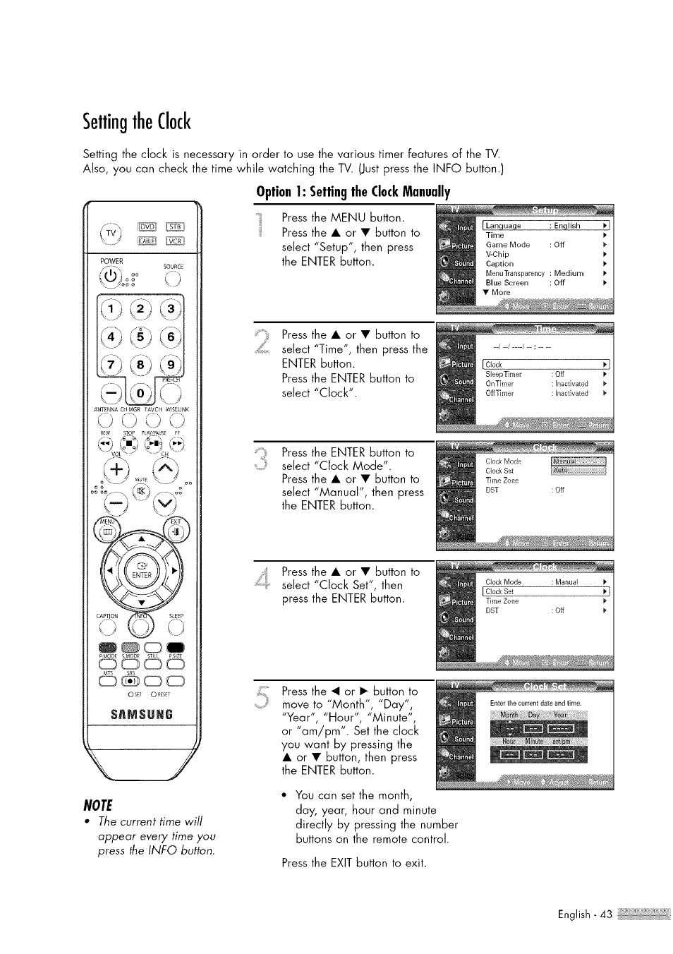 Setting the clock, Press the menu button. press the, Press the | Press the a or t button to, Press the enter button. .................ib | Samsung HL-$4676S User Manual | Page 43 / 135