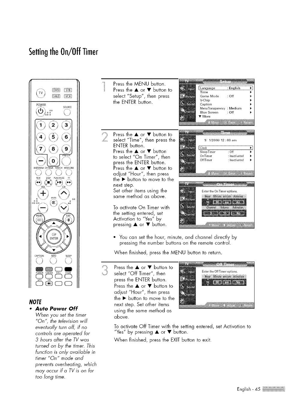 Setting the on/off timer, Press the menu button. press the, Button | Samsung HL-$4676S User Manual | Page 45 / 135
